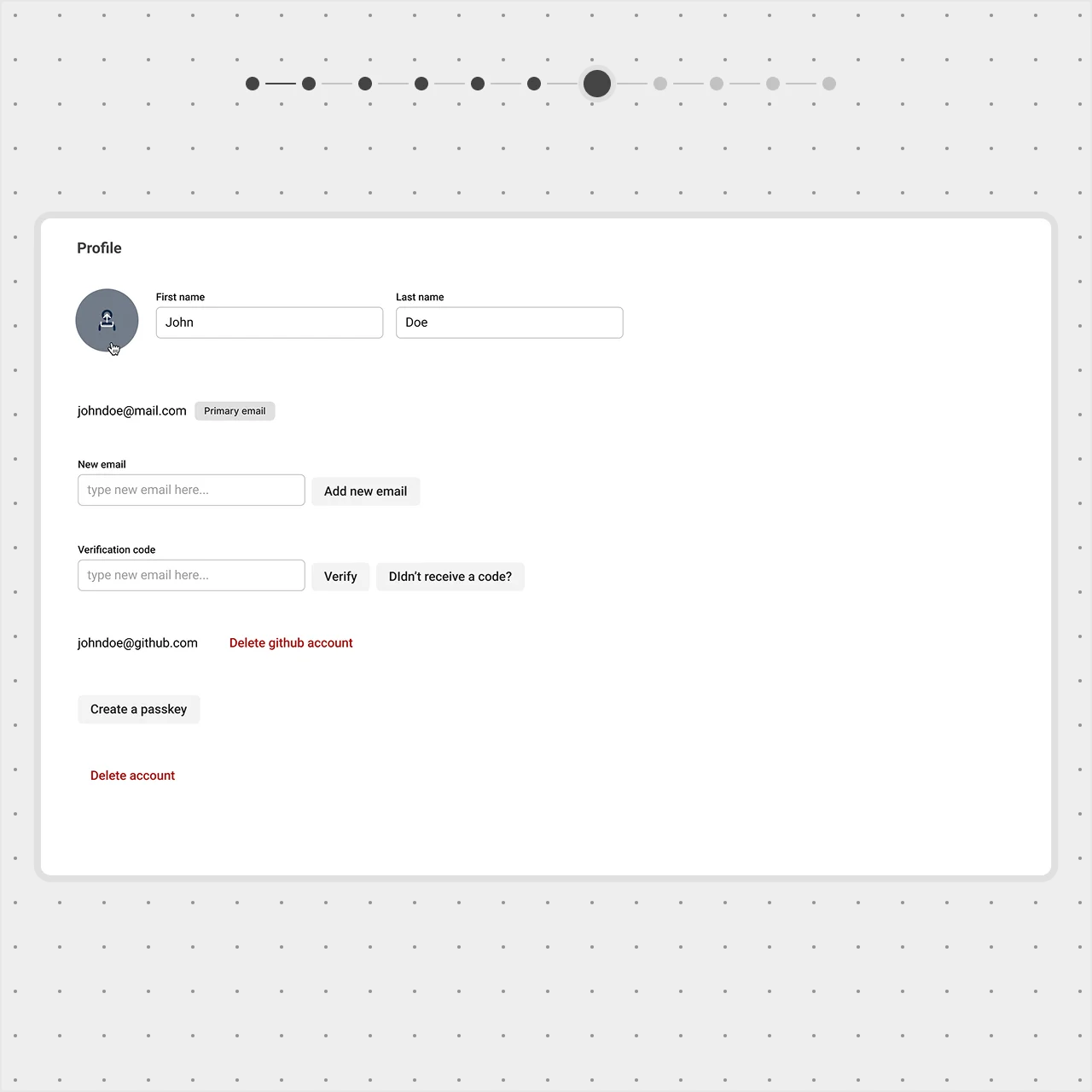A profile page with an avatar. The 'After' view shows an Upload Photo icon button appearing on hover over the avatar, simplifying the layout compared to the visible button in the 'Before' view.
